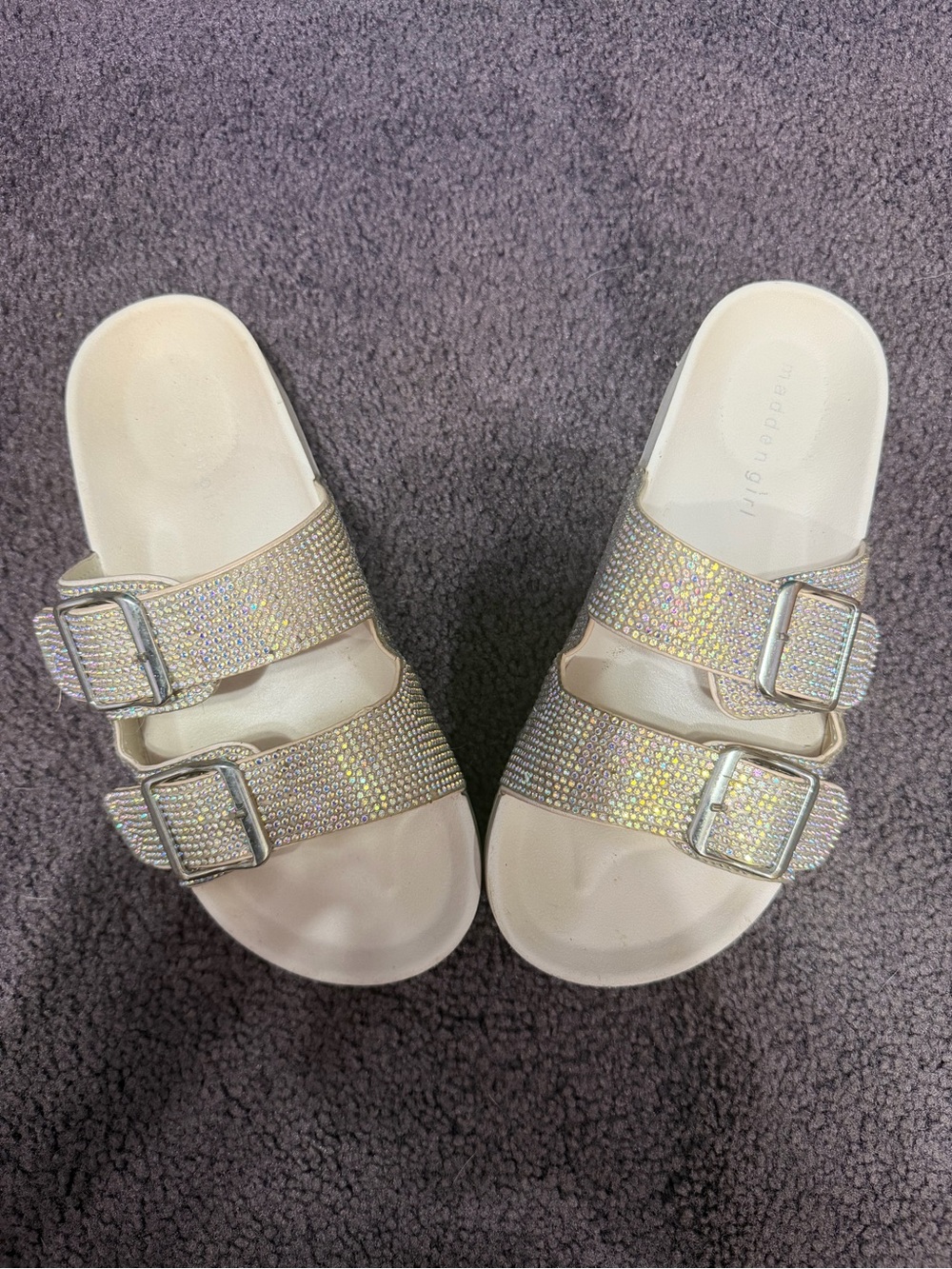 Madden Girl Iridescent Crystal Double-Buckle Slide Sandals